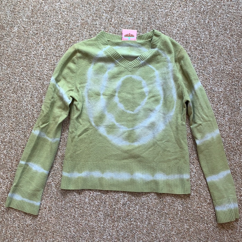 Green and white tie dye sweater with peace sign